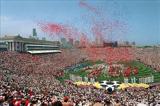 Balloons are released at the start of the opening ceremonies for the 15th World Cup on 17 June 1994 at Soldier Field in Chicago. West Germany will face Bolivia in the opening soccer match following the ceremonies. Photo: AFP