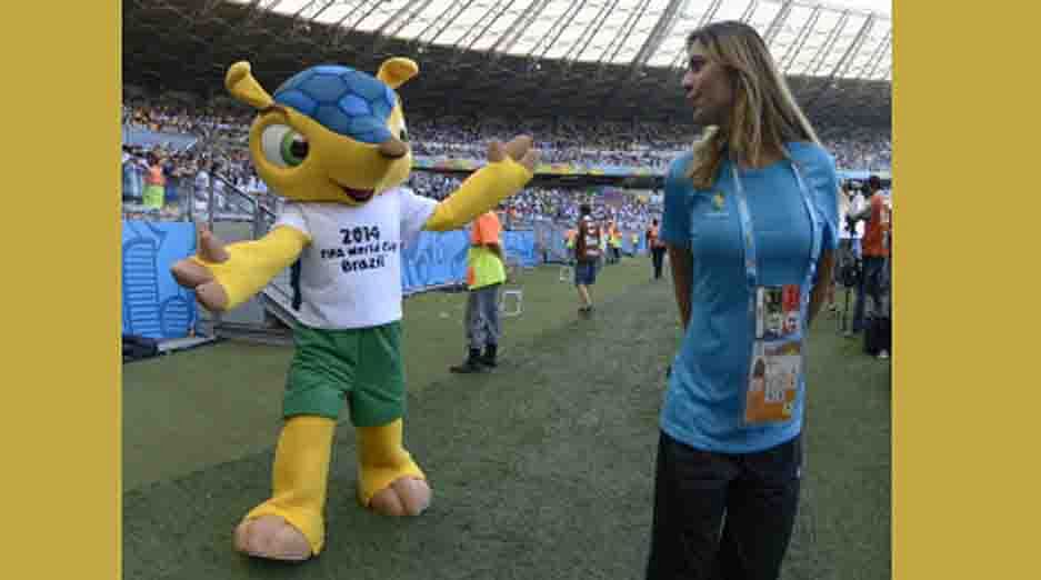 The 2014 official World Cup mascot Fuleco cheers on the side of the pitch during a Group F football match between Argentina and Iran at the Mineirao Stadium in Belo Horizonte during the 2014 FIFA World Cup in Brazil on June 21, 2014. AFP