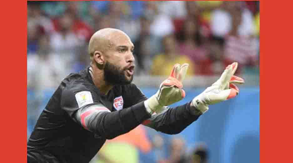 US goalkeeper Tim Howard reacts during a Round of 16 football match between Belgium and USA at Fonte Nova Arena in Salvador during the 2014 FIFA World Cup on July 1, 2014. AFP