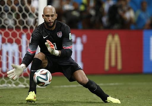 US goalkeeper Tim Howard makes a save during extra-time in the Round of 16 football match between Belgium and USA at The Fonte Nova Arena in Salvador on July 1, 2014, during the 2014 FIFA World Cup. AFP