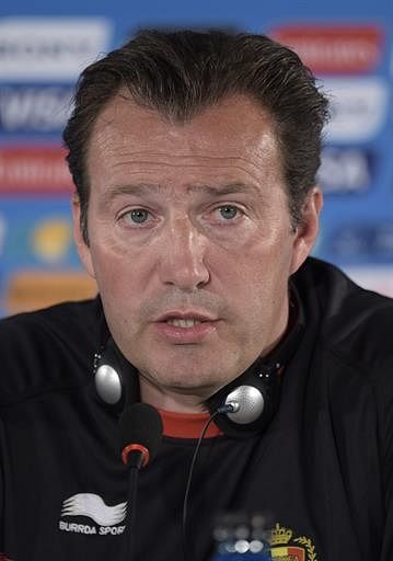 Belgium's coach Marc Wilmots speaks at a press conference at Mane Garrincha National Stadium in Brasilila, some 1160 Km north-west of Rio de Janeiro, on July 4, 2014, ahead of their 2014 FIFA World Cup Brazil quarter final football match against Argentina on July 5. AFP