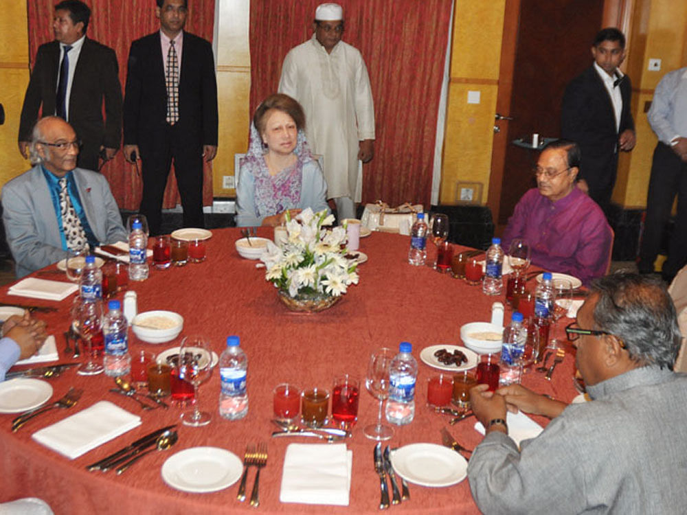 BNP Chairperson Khaleda Zia takes Iftar with editors and heads of different media outlets at a hotel in Dhaka on Sunday.