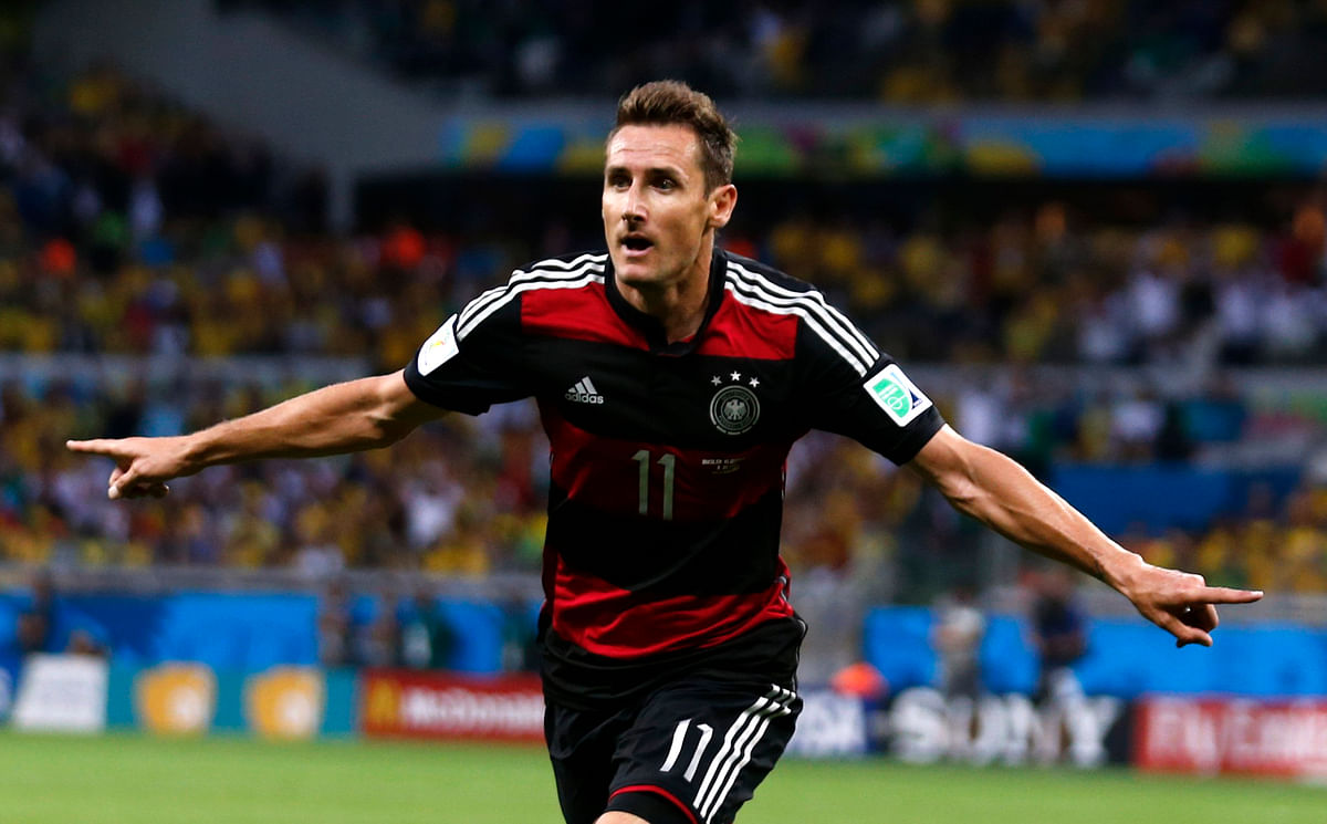 Germany's Miroslav Klose celebrates after scoring a goal during the 2014 World Cup semi-finals between Brazil and Germany at the Mineirao stadium in Belo Horizonte on July 8, 2014. Reuters