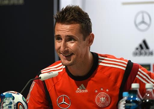 Germany's forward Miroslav Klose answers questions during a press conference in Santo Andre on July 10, 2014, during the 2014 FIFA Football World Cup. Germany will face Argentina in the final of the tournament on July 13, at The Maracana Stadium in Rio de Janeiro. AFP