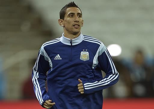 Argentina's midfielder Angel Di Maria takes part in a training session at the Arena de Sao Paulo Stadium, on July 08, on the eve of the 2014 FIFA World Cup semi-final against Netherlands. AFP