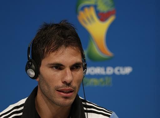 Argentina's defender Jose Maria Basanta gives a press conference at the Maracana Stadium in Rio de Janeiro on July 12, 2014, on the eve of the 2014 FIFA World Cup final football match Germany vs Argentina. AFP