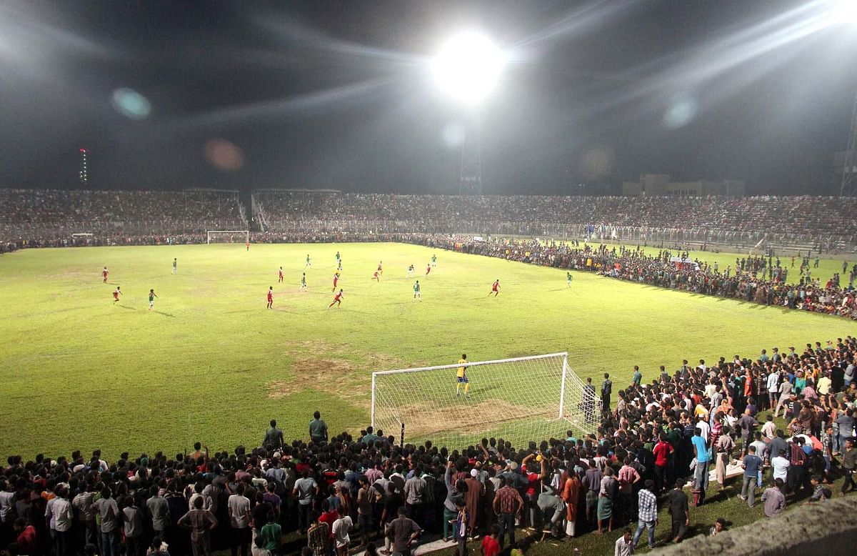 A number of spectators attend Sylhet Divisional Stadium to watch Bangaldesh vs Nepal Under-23 second international friendly match on Friday. Nepal beat Bangladesh 1-0. Photo: Anis Mahmud