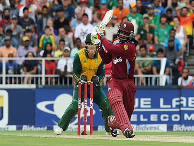 Chris Gayle plays a shot during the second T20 match between South Africa and the West Indies at Wanderers cricket stadium in Johannesburg. AFP
