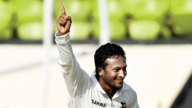 Shakib Al Hasan reacts after claiming a wicket in a Test match. AFP file photo