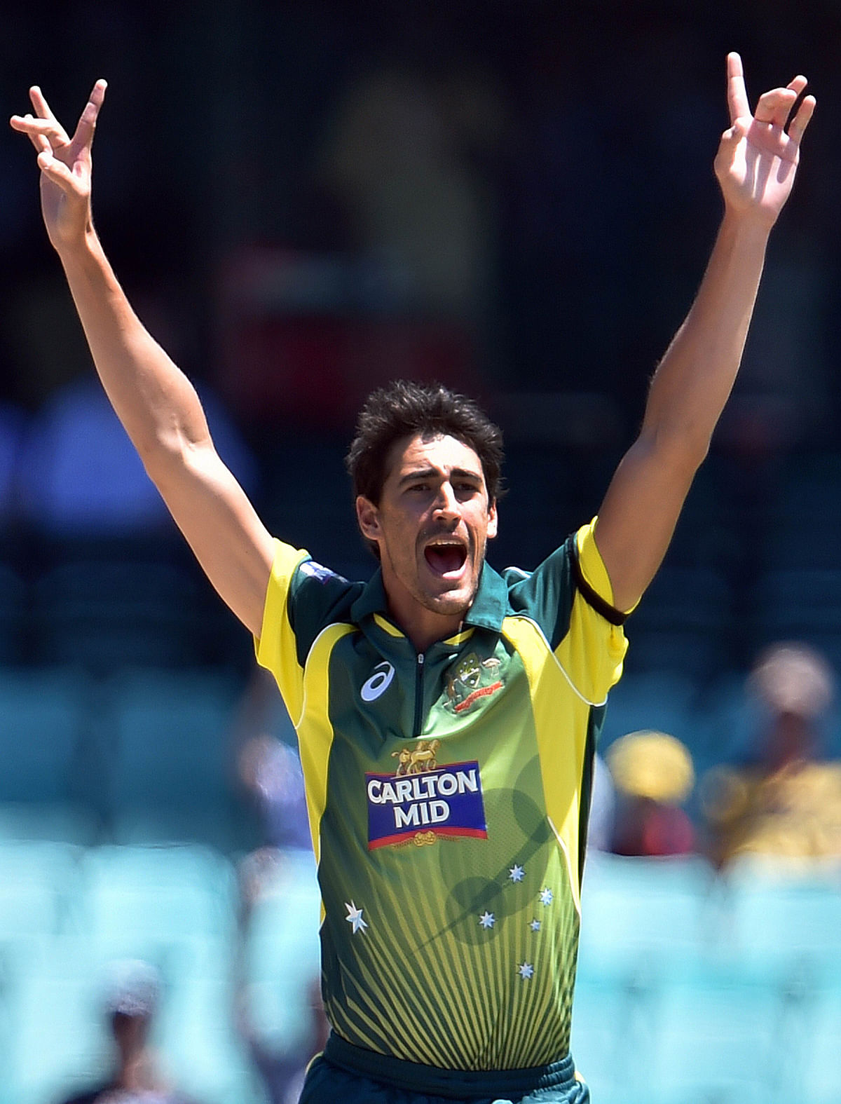 Australian bowler Mitchell Starc calls a successful leg before wicket appeal against England's batsman James Taylor in the Tri-Series one day at Sydney on January 16, 2015. AFP