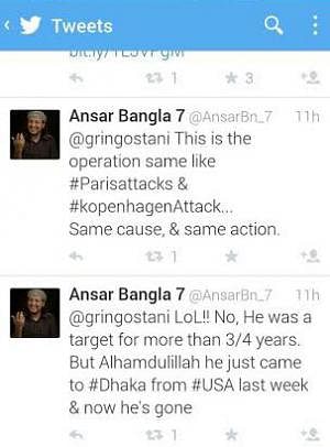 This screen grab taken from Twitter shows the Ansar Bangla-7's tweets.