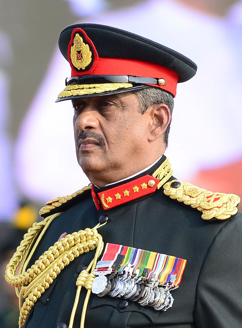 Sri Lanka’s first field marshal Sarath Fonseka looks on as the President Maithripala Sirisena conferred the honorary military title on him on 22 March 2015. Photo: AFP