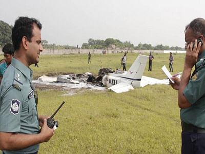 A female trainee pilot Tamanna Rahman was killed when a training aircraft crashed at Rajshahi airport on Wednesday. Photo: Shahidul Islam, Rajshahi