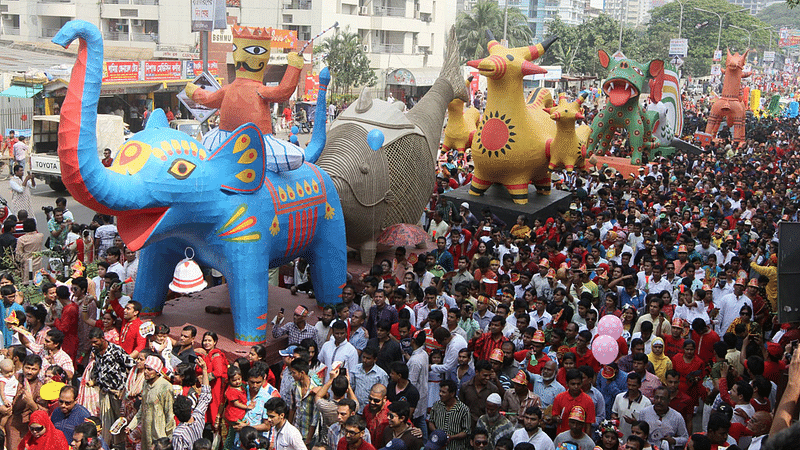 Mongol Shova Jatra, a colourful rally brought out from the faculty of fine arts, marking the first day of Bangla New Year,1422. Photo: Zahidul Karim