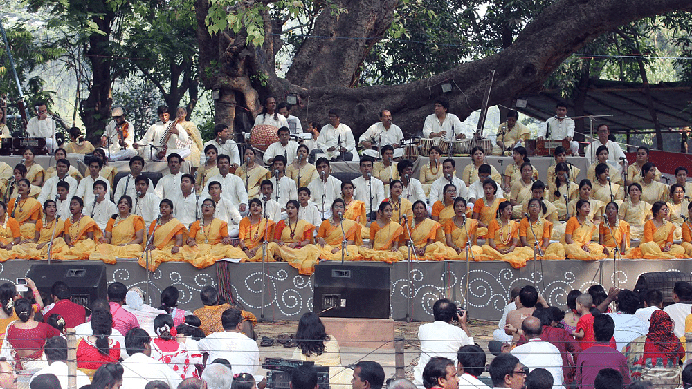 Cultural organisation Chhayanat welcomes Pahela Baishakh at Ramna Batamul. Photo: Zia Islam