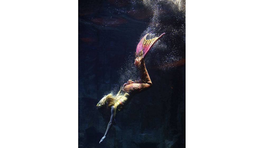 Performer Claire Baudet is pictured during her 10-minute show "Claire la sirene" (Claire the mermaid) at the Paris Aquarium on April 19, 2015. Photo: AFP