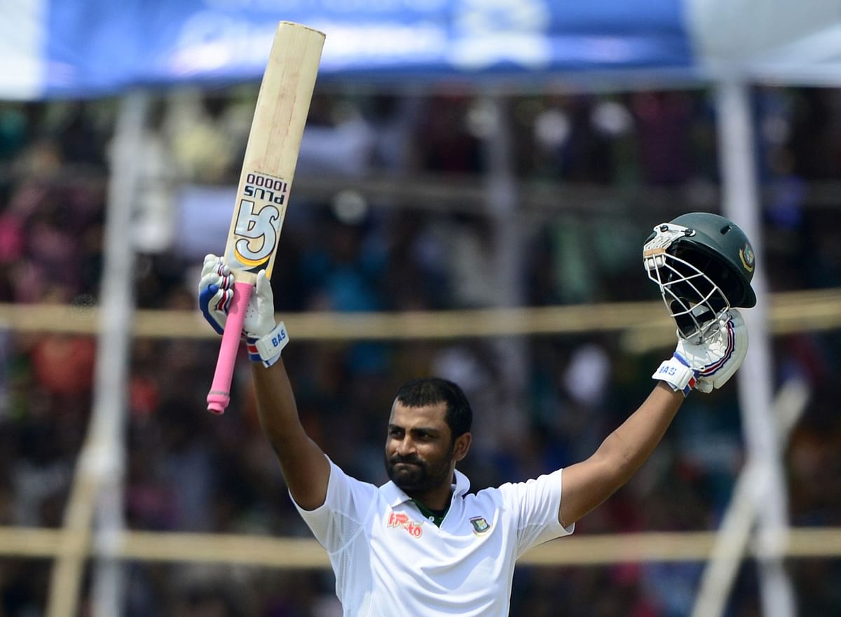 Opener Tamim Iqbal celebrates his double century against Pakistan. AFP