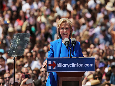 Democratic Presidential candidate Hillary Clinton speaks at her official kickoff rally at the Four Freedoms Park on Roosevelt Island in Manhattan on Saturday in New York City. The long awaited speech at a historical location associated with the values Franklin D. Roosevelt outlined in his 1941 State of the Union address. Photo: AFP