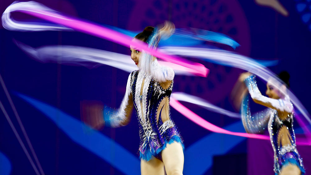 Members of Israel"s team compete during the rhythmic gymnastics team qualification at the 1st European Games in Baku, Azerbaijan, June 17 , 2015. Photo: Reuters