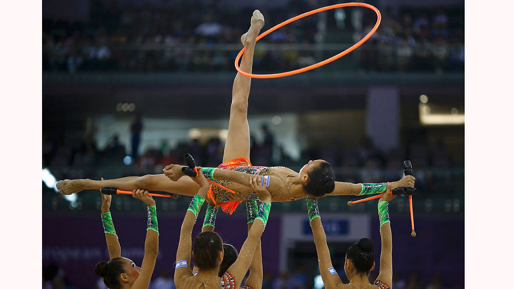 Members of Israel"s team compete during the rhythmic gymnastics team qualification at the 1st European Games in Baku, Azerbaijan, June 17 , 2015. Photo: Reuters