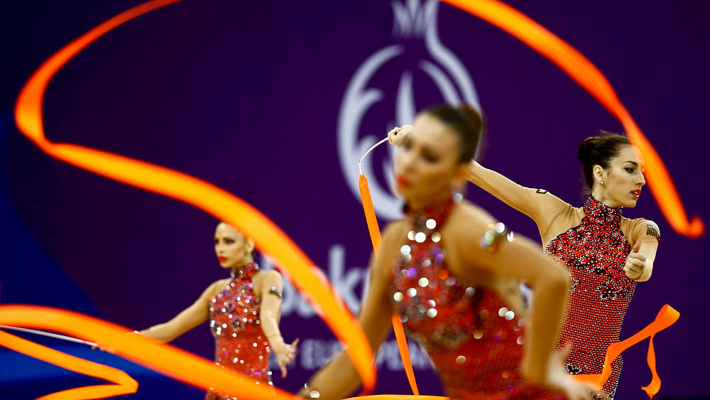Team Bulgaria competes in the rhythmic gymnastics team qualification at the 1st European Games in Baku, Azerbaijan, June 17 , 2015. Photo: Reuters