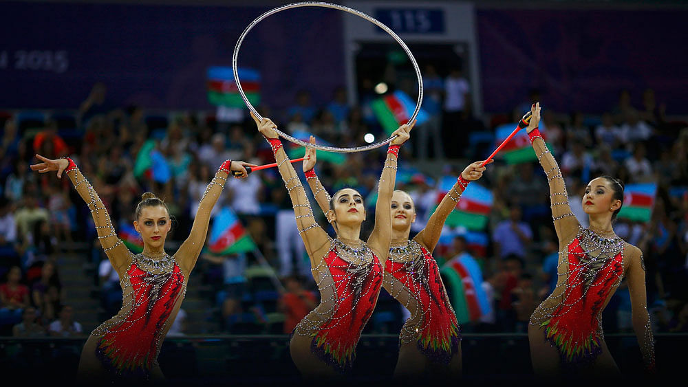 Members of Germany"s team compete during the rhythmic gymnastics team qualification at the 1st European Games in Baku, Azerbaijan, June 17 , 2015. Photo: AFP