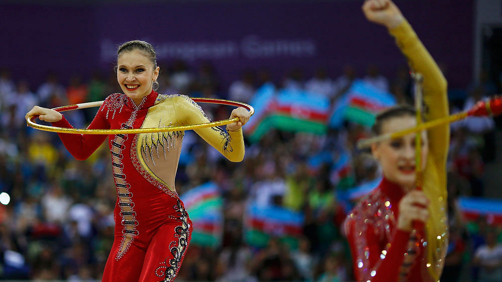 Members of Azerbaijan"s team compete during the rhythmic gymnastics team qualification at the 1st European Games in Baku, Azerbaijan, June 17 , 2015. Photo: Reuters