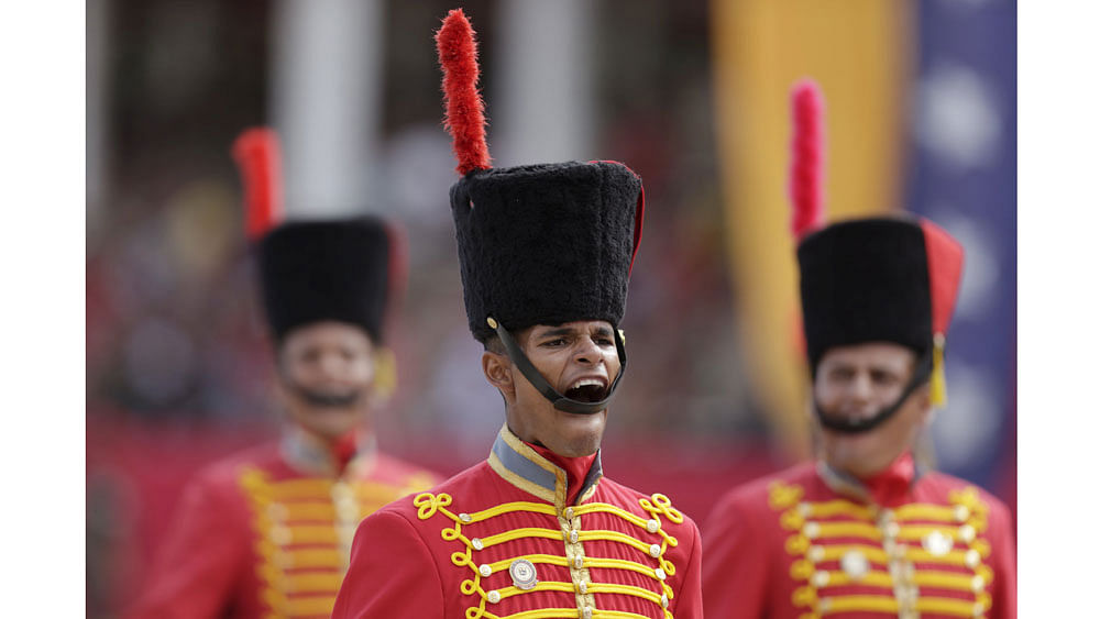 Soldiers march during a military parade to celebrate the anniversary of Venezuela