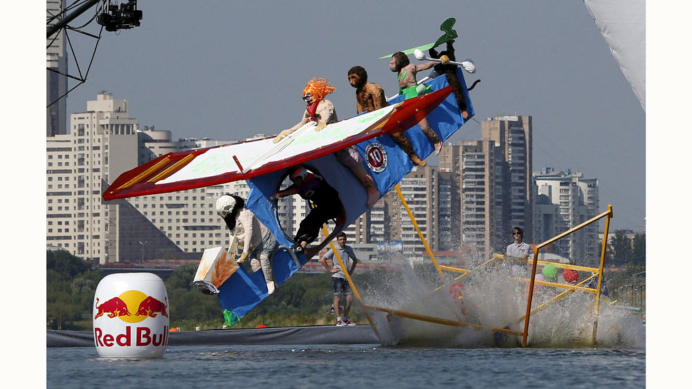 Participants attempt to control their craft during the Red Bull Flugtag Russia 2015 competition in Moscow, Russia, July 26, 2015.