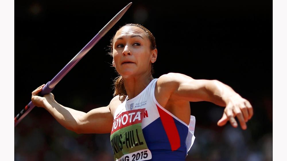 Jessica Ennis-Hill of Britain competes in the javelin throw event of the women