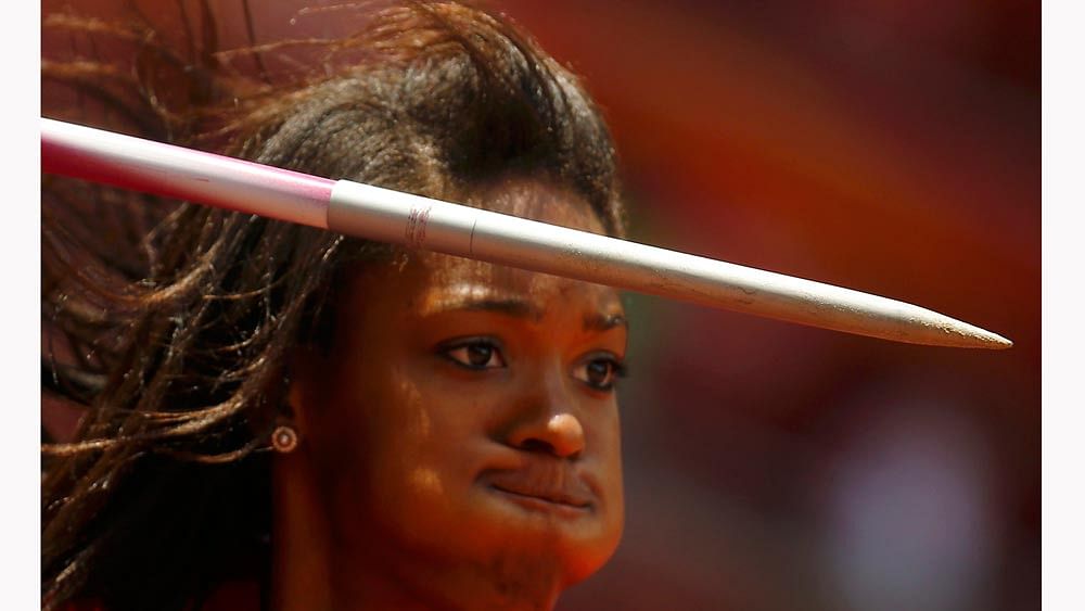 Erica Bougard of the U.S. competes in the javelin throw event of the women