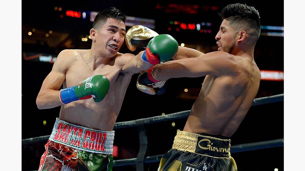 Leo Santa Cruz and Albert Mare in their WBC Diamond and WBA Featherweight Championship first during a Premier Boxing Championships event at Staples Center. Photo: Reuters