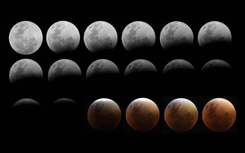 A combo of eighteen pictures shows the phases of the moon (from top L to bottom R) during a lunar eclipse in Buenos Aires on September 27, 2015. Photo: AFP