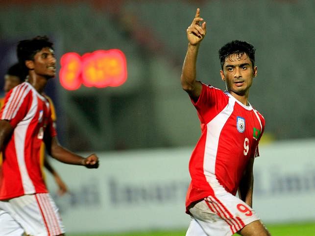 Mannaf Rabbi celebrates after scoring the second goal of the match. Photo: Prothom Alo