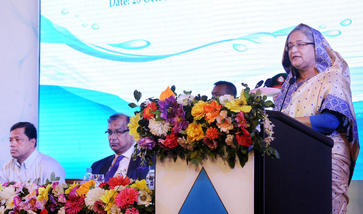 Prime minister Sheikh Hasina addressing the foundation stone-laying ceremony of Dhaka WASA’s Padma (Jashaldia) water treatment plant construction (phase-1) project at a city hotel. Photo: Focus Bangla