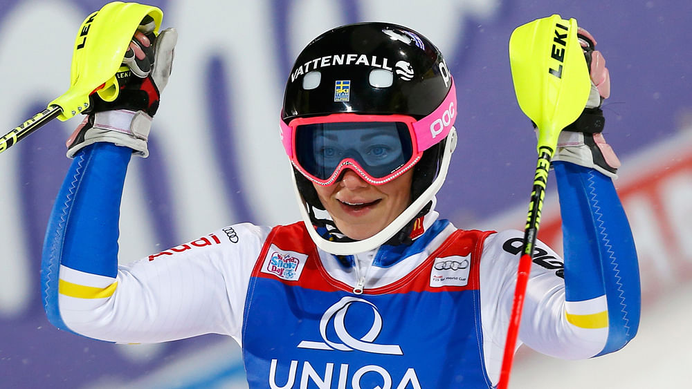Frida Hansdotter of Sweden reacts following the women`s Alpine Skiing World Cup slalom race in Flachau, Austria January 15, 2016. Photo: Reuters