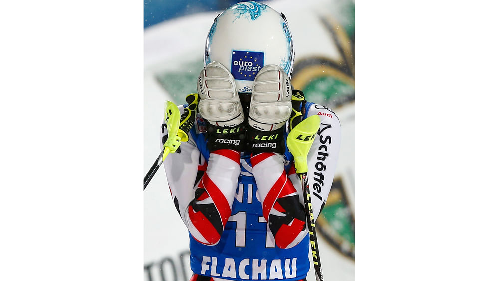 Carmen Thalmann of Austria reacts following the women`s Alpine Skiing World Cup slalom race in Flachau, Austria January 15, 2016. Photo: Reuters