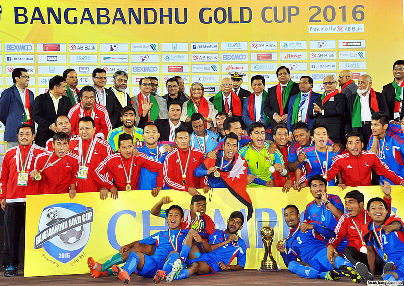 Nepal clinch the Bangabandhu Gold Cup International Football Tournament-2016 title. Photo: Focus Bangla