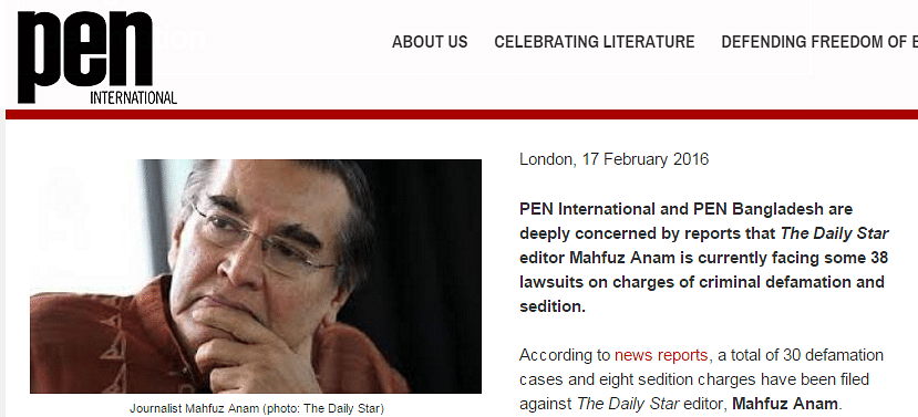 The screen-grab taken from the PEN International's website shows its statement concerned over lawsuits against the Daily Star editor Mahfuz Anam on Wednesday.