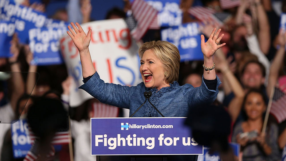 Democratic presidential candidate former Secretary of State Hillary Clinton speaks to her supporters during her Primary Night Event at the Palm Beach County Convention Center on 15 March 2016 in West Palm Beach, Florida. Photo: AFP