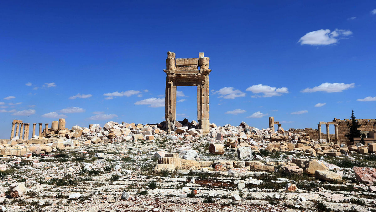 A picture shows the remains of Temple of Bel’s “Cella”, which was blown up by jihadists of the Islamic State (IS) group, in the ancient Syrian city of Palmyra. AFP file photo