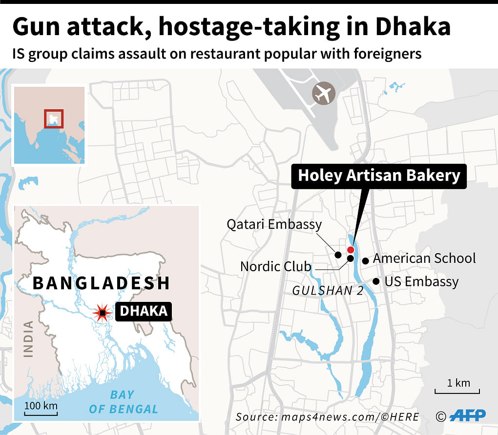 Map of central Dhaka, locating a gun attack on a restaurant popular with foreigners. AFP