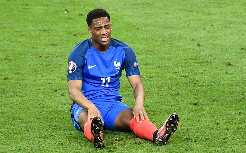 France`s forward Anthony Martial reacts during the Euro 2016 final football match between Portugal and France at the Stade de France in Saint-Denis, north of Paris, on July 10, 2016. Photo: AFP