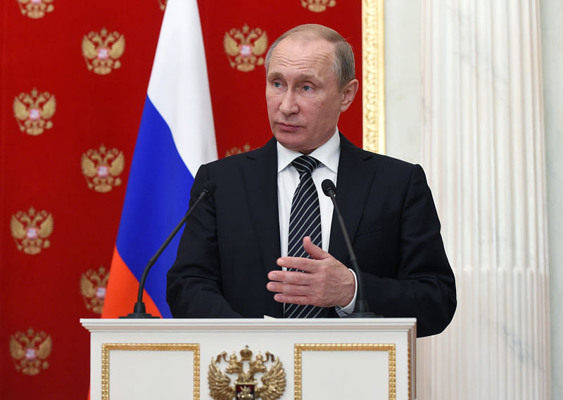 Russian president Vladimir Putin speaks during a news conference at the Kremlin in Moscow, Russia on Wednesday. Photo: Reuters