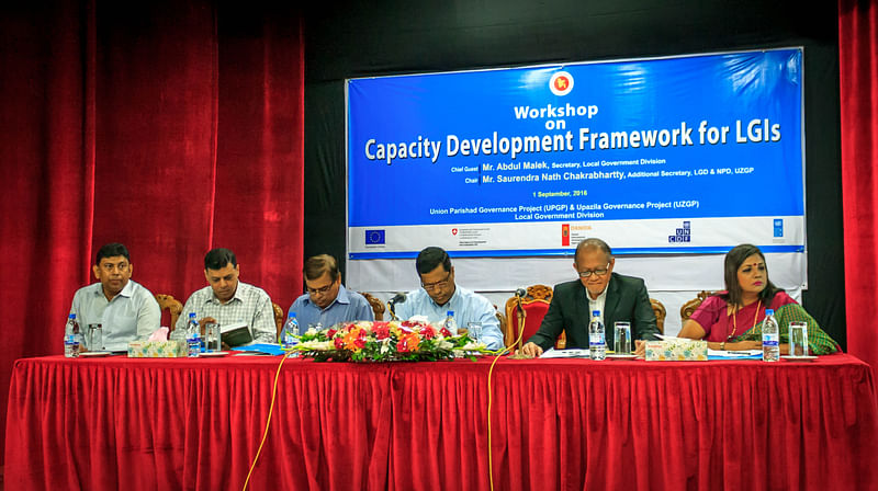 Guests attend a day-long workshop on “Draft capacity development framework for Local Government Institutions (LGI)” in Dhaka on Thursday.