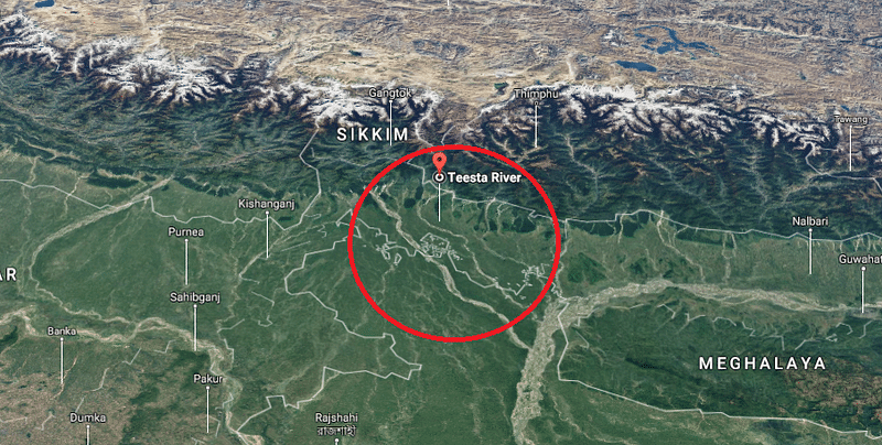 Map of Teesta basin. Screengrab from google.