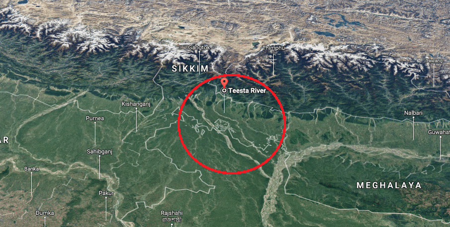 Map of Teesta basin. Screengrab from google.