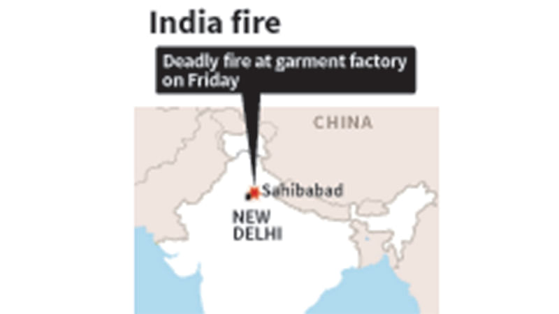 Map of India locating Sahibabad, where at least 13 people were killed in a fire at a garmeny factory on Friday. Photo: AFP