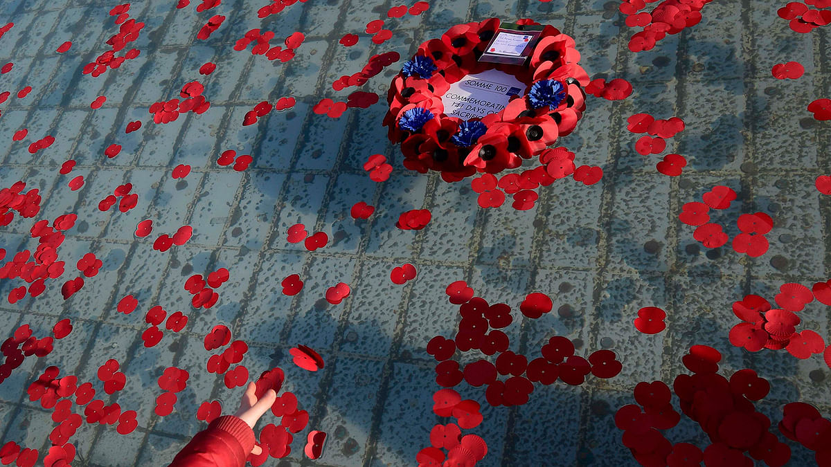 A wreath of poppies float in a fountain during an Armistice Day event at Trafalgar Square in London, Britain November 11, 2016. Photo: Reuters