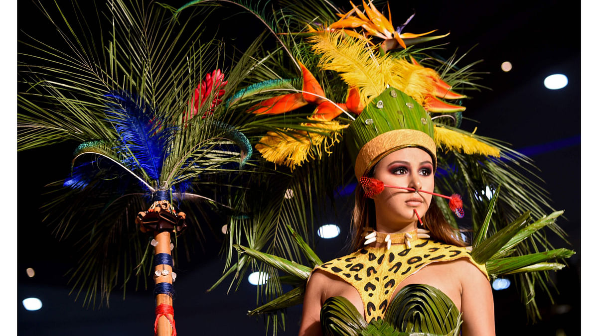 A model presents a creation during BioFashion Show, on November 19, 2016, in Cali, Valle del Cauca department, Colombia.